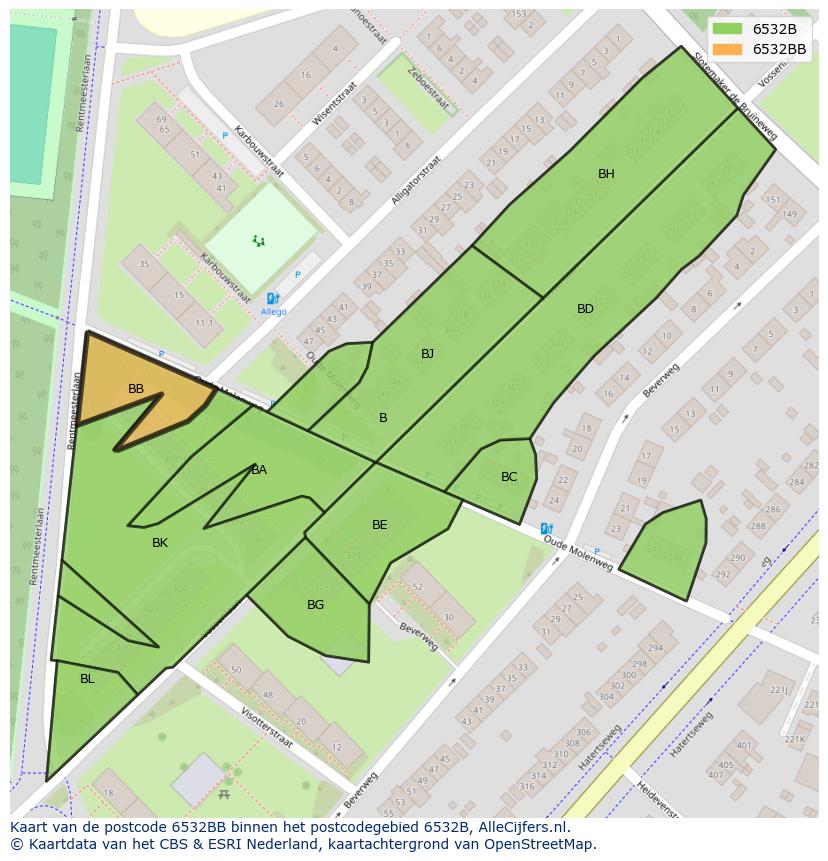 Afbeelding van het postcodegebied 6532 BB op de kaart.