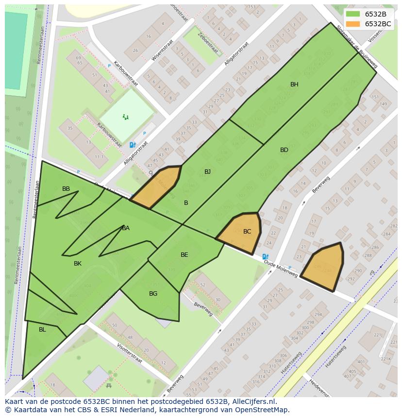 Afbeelding van het postcodegebied 6532 BC op de kaart.
