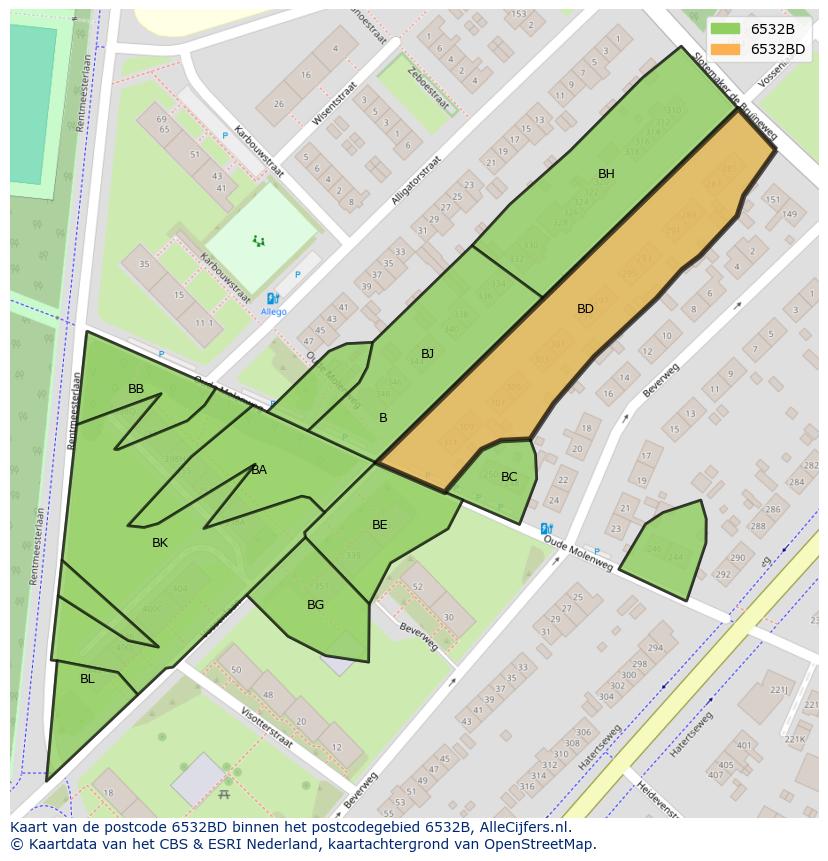 Afbeelding van het postcodegebied 6532 BD op de kaart.