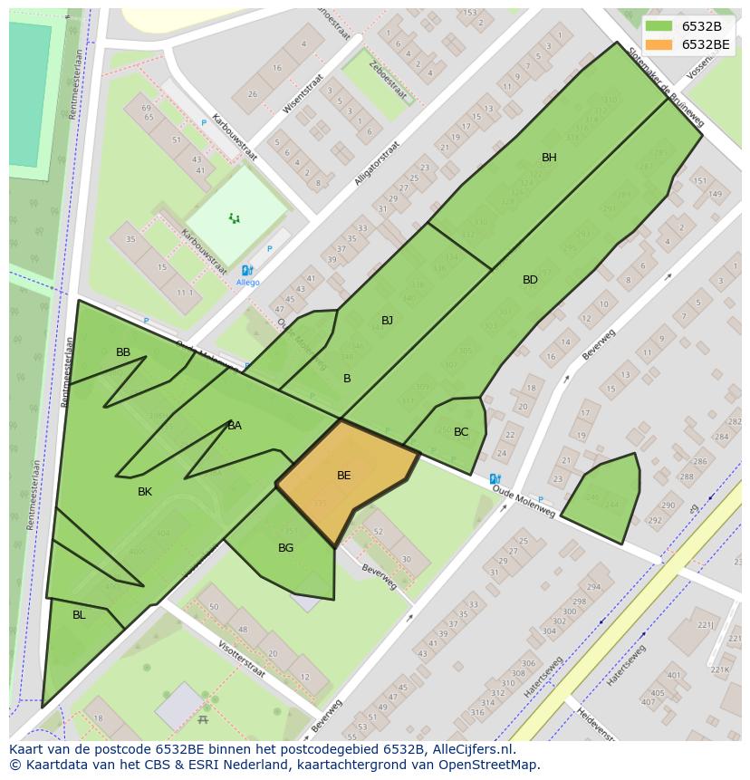 Afbeelding van het postcodegebied 6532 BE op de kaart.