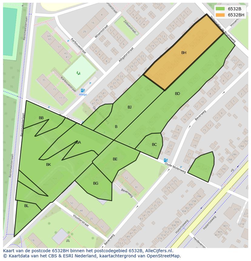 Afbeelding van het postcodegebied 6532 BH op de kaart.