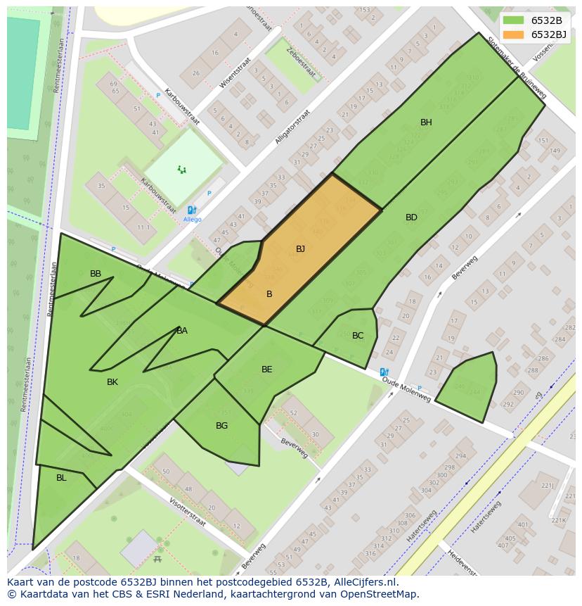 Afbeelding van het postcodegebied 6532 BJ op de kaart.