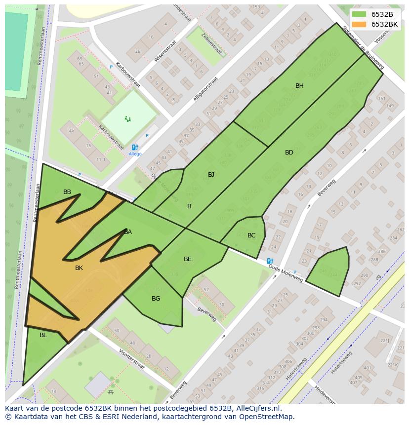 Afbeelding van het postcodegebied 6532 BK op de kaart.