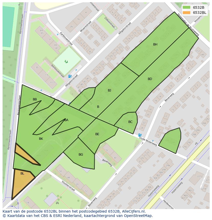 Afbeelding van het postcodegebied 6532 BL op de kaart.