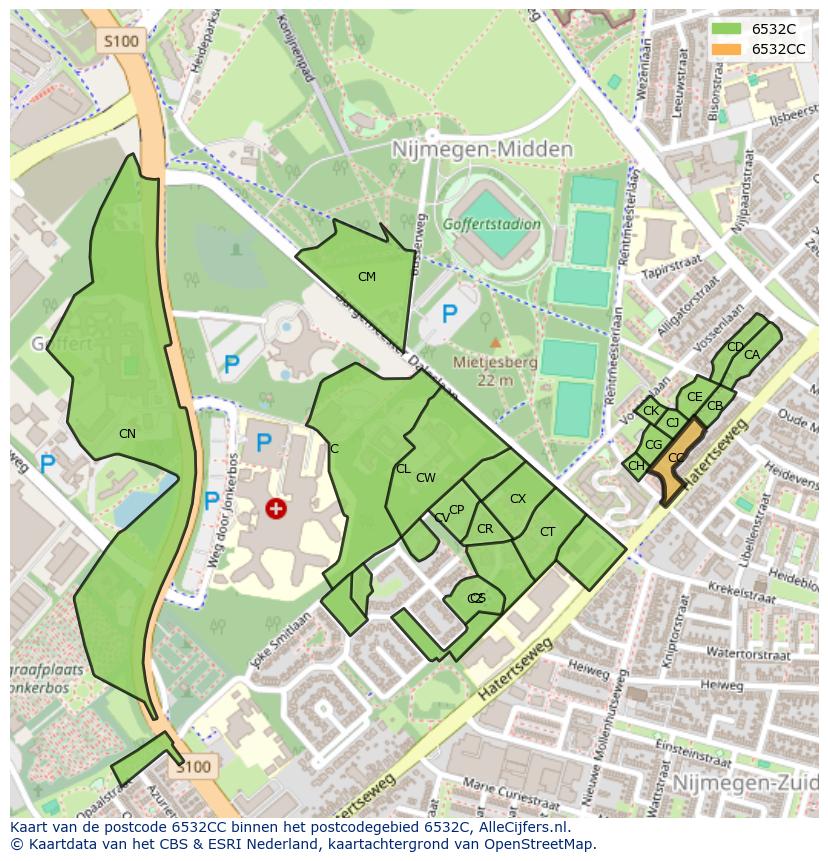 Afbeelding van het postcodegebied 6532 CC op de kaart.