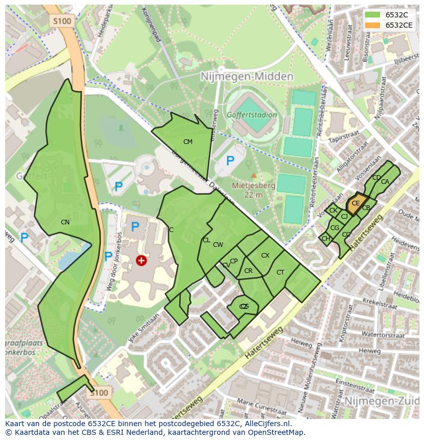 Afbeelding van het postcodegebied 6532 CE op de kaart.