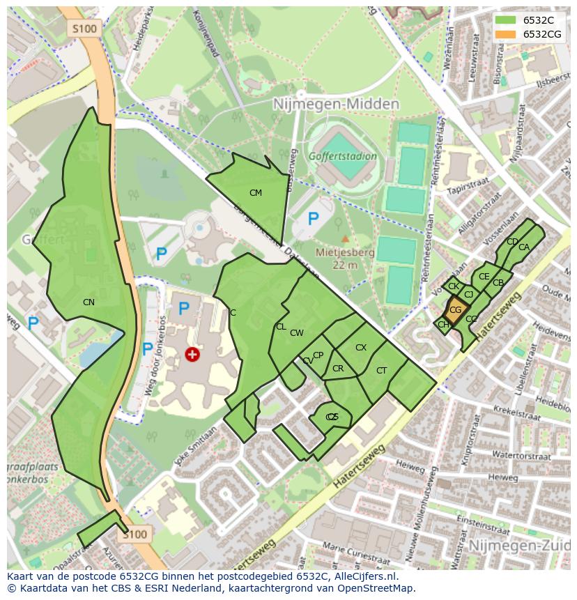 Afbeelding van het postcodegebied 6532 CG op de kaart.