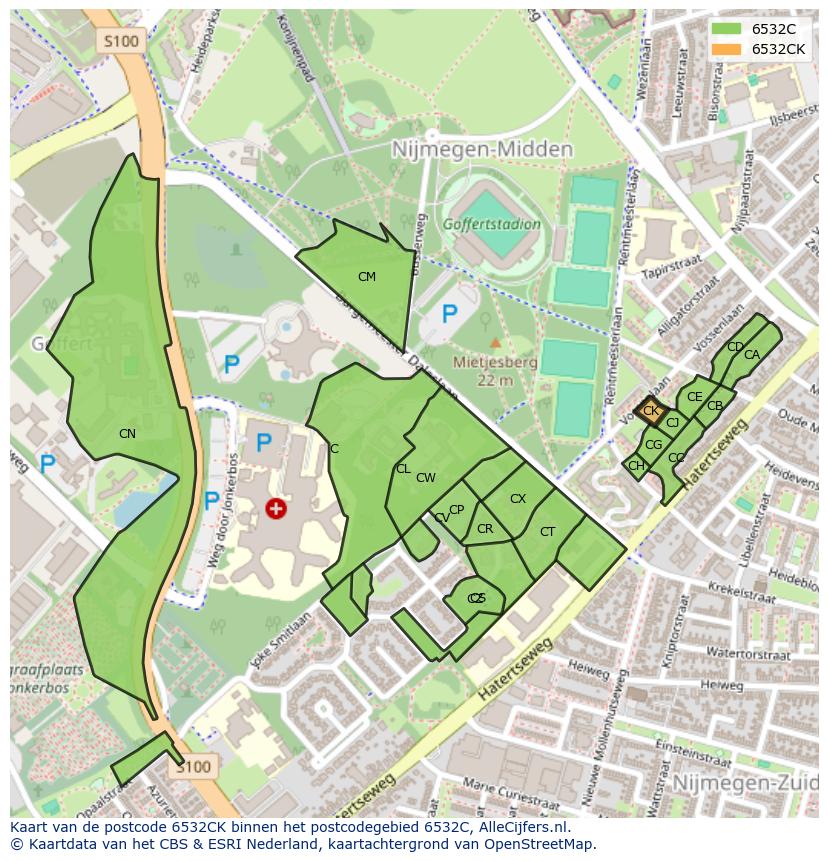 Afbeelding van het postcodegebied 6532 CK op de kaart.