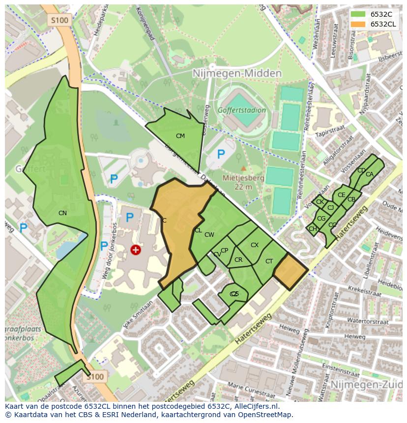 Afbeelding van het postcodegebied 6532 CL op de kaart.