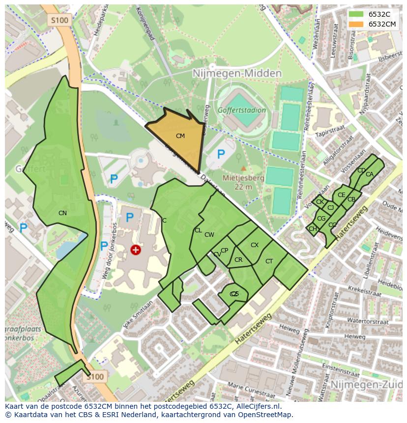Afbeelding van het postcodegebied 6532 CM op de kaart.