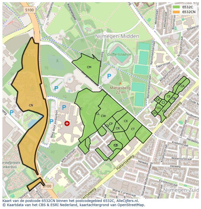 Afbeelding van het postcodegebied 6532 CN op de kaart.