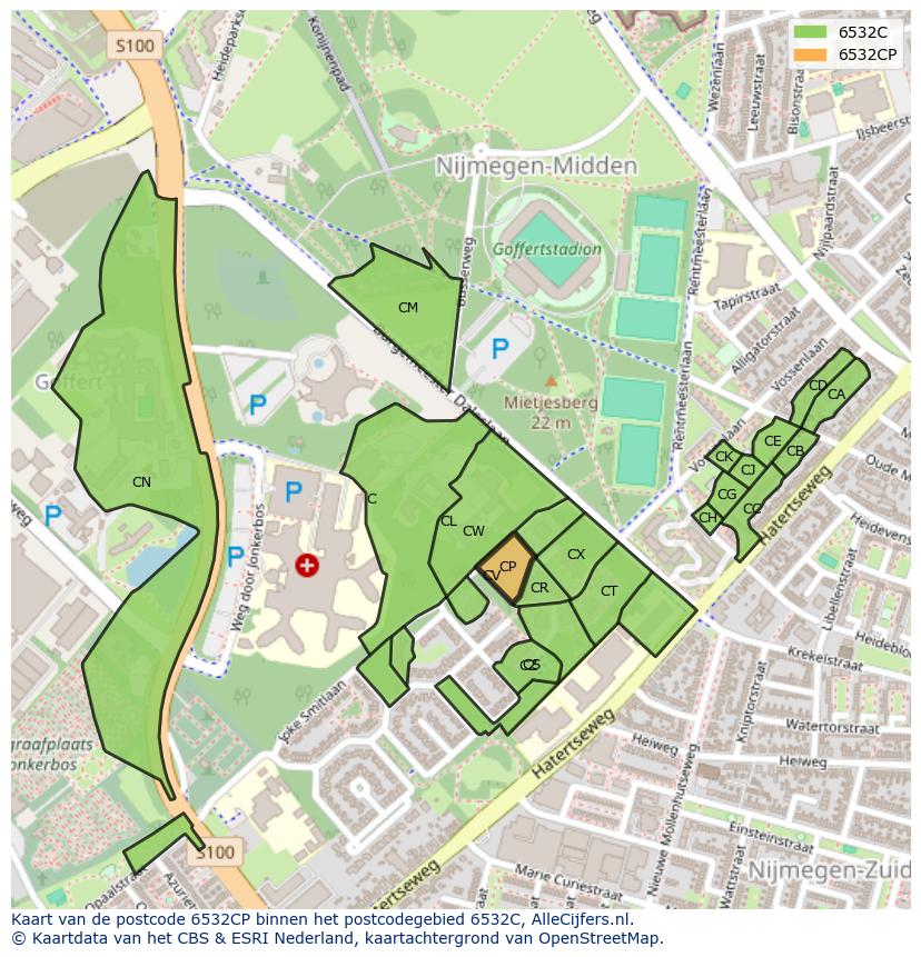 Afbeelding van het postcodegebied 6532 CP op de kaart.