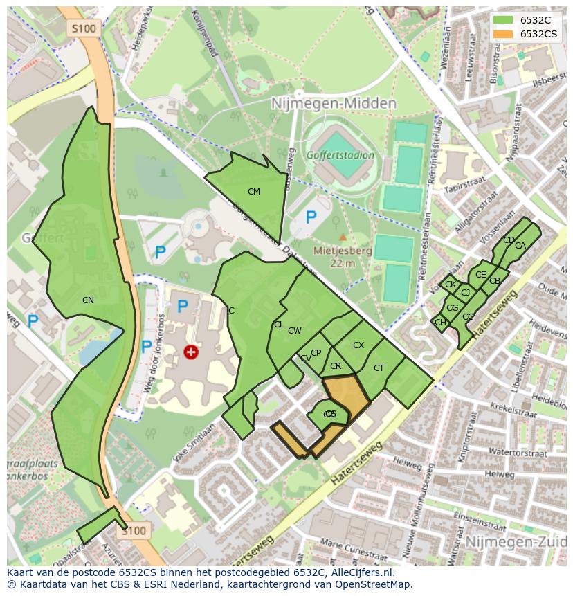 Afbeelding van het postcodegebied 6532 CS op de kaart.
