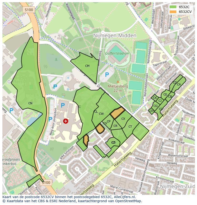 Afbeelding van het postcodegebied 6532 CV op de kaart.