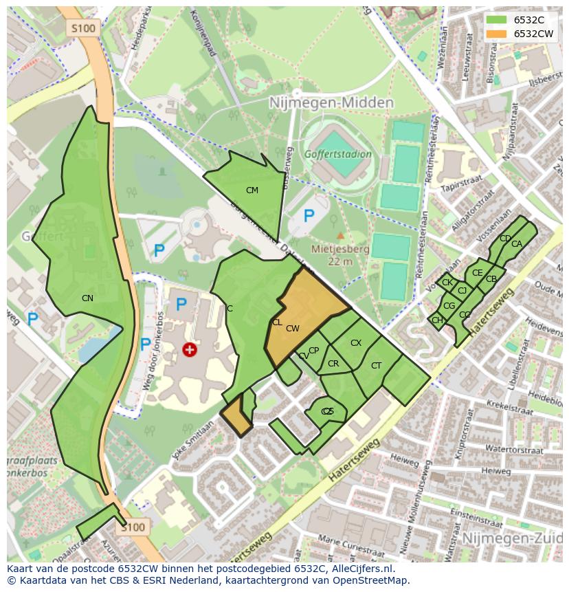 Afbeelding van het postcodegebied 6532 CW op de kaart.