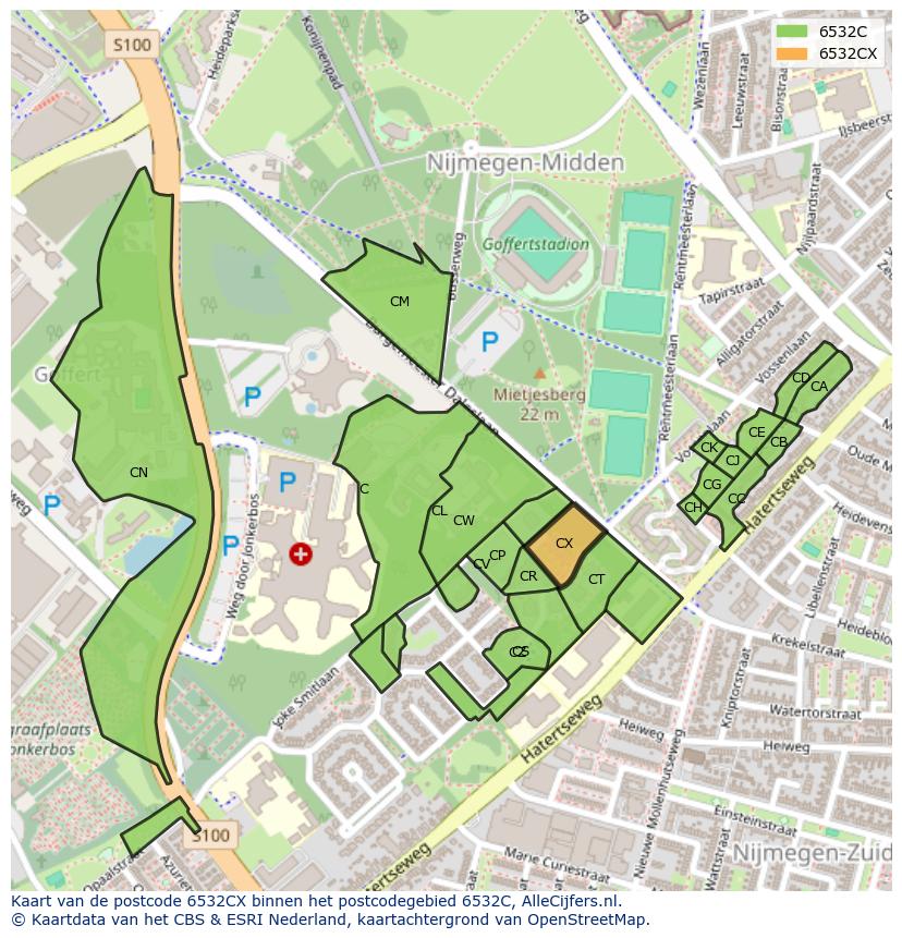 Afbeelding van het postcodegebied 6532 CX op de kaart.