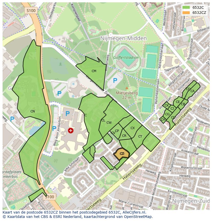 Afbeelding van het postcodegebied 6532 CZ op de kaart.