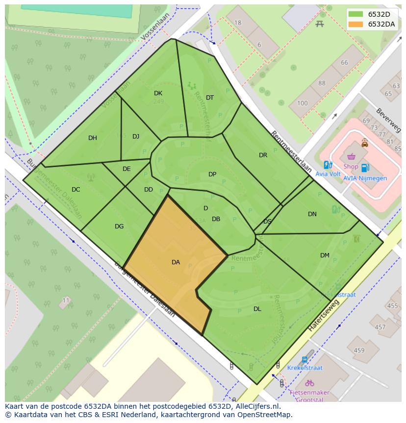 Afbeelding van het postcodegebied 6532 DA op de kaart.