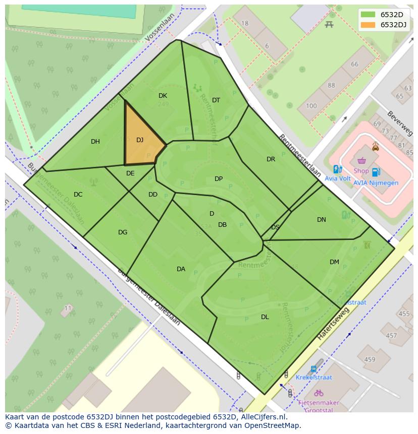 Afbeelding van het postcodegebied 6532 DJ op de kaart.