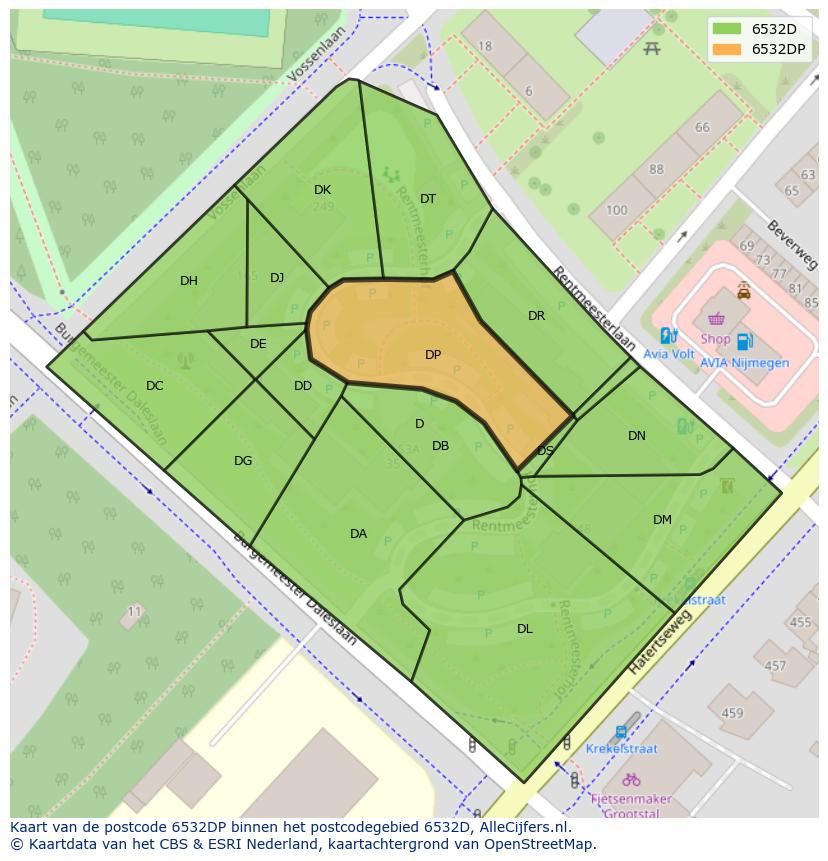 Afbeelding van het postcodegebied 6532 DP op de kaart.