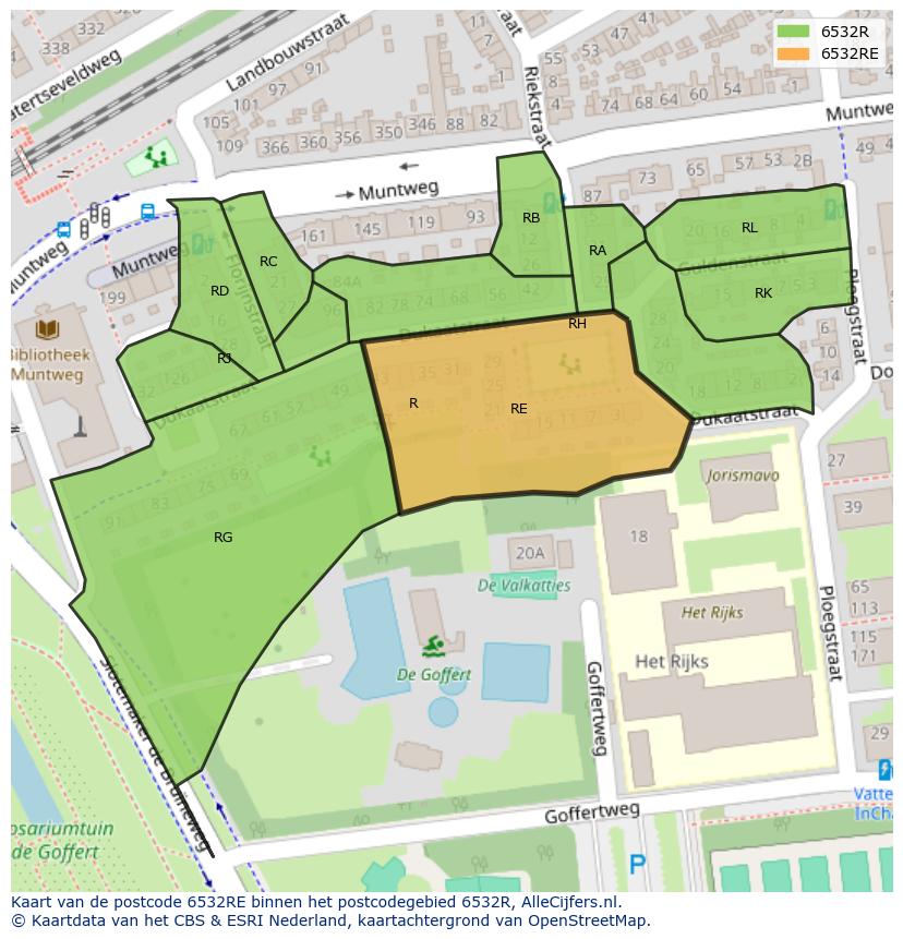 Afbeelding van het postcodegebied 6532 RE op de kaart.