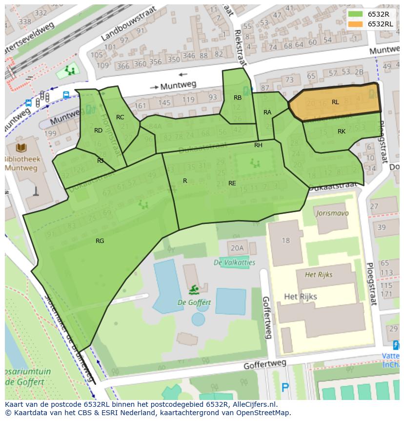 Afbeelding van het postcodegebied 6532 RL op de kaart.
