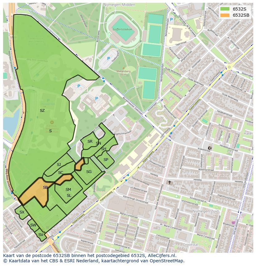 Afbeelding van het postcodegebied 6532 SB op de kaart.