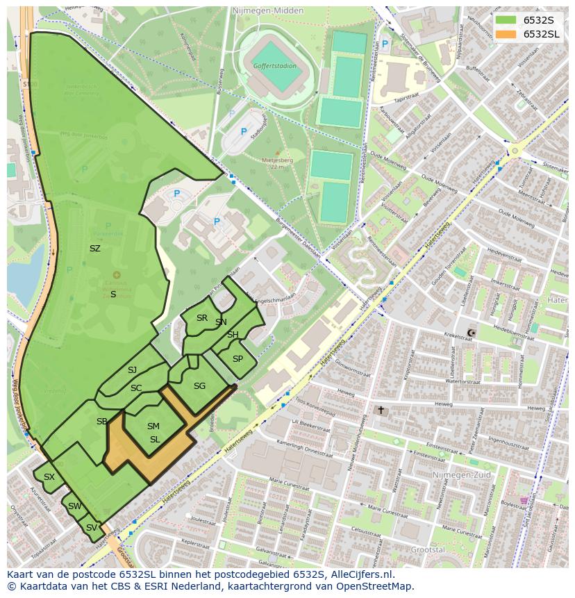 Afbeelding van het postcodegebied 6532 SL op de kaart.