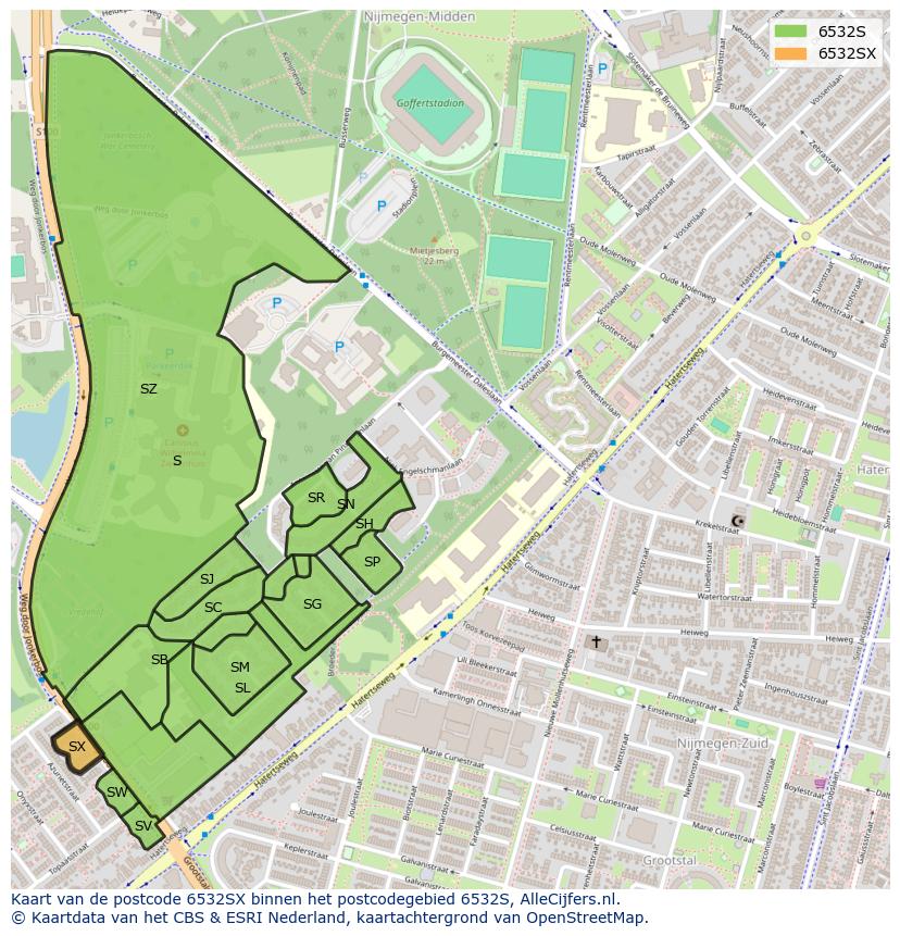 Afbeelding van het postcodegebied 6532 SX op de kaart.