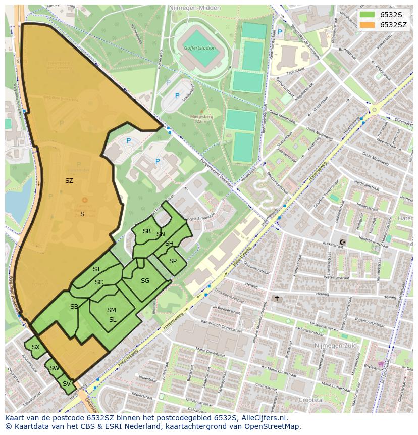 Afbeelding van het postcodegebied 6532 SZ op de kaart.