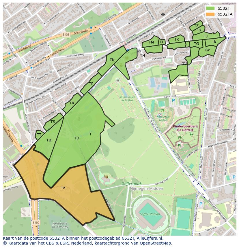 Afbeelding van het postcodegebied 6532 TA op de kaart.
