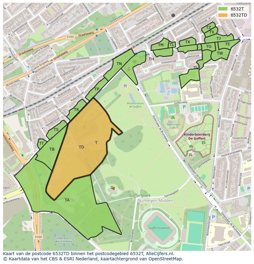 Afbeelding van het postcodegebied 6532 TD op de kaart.