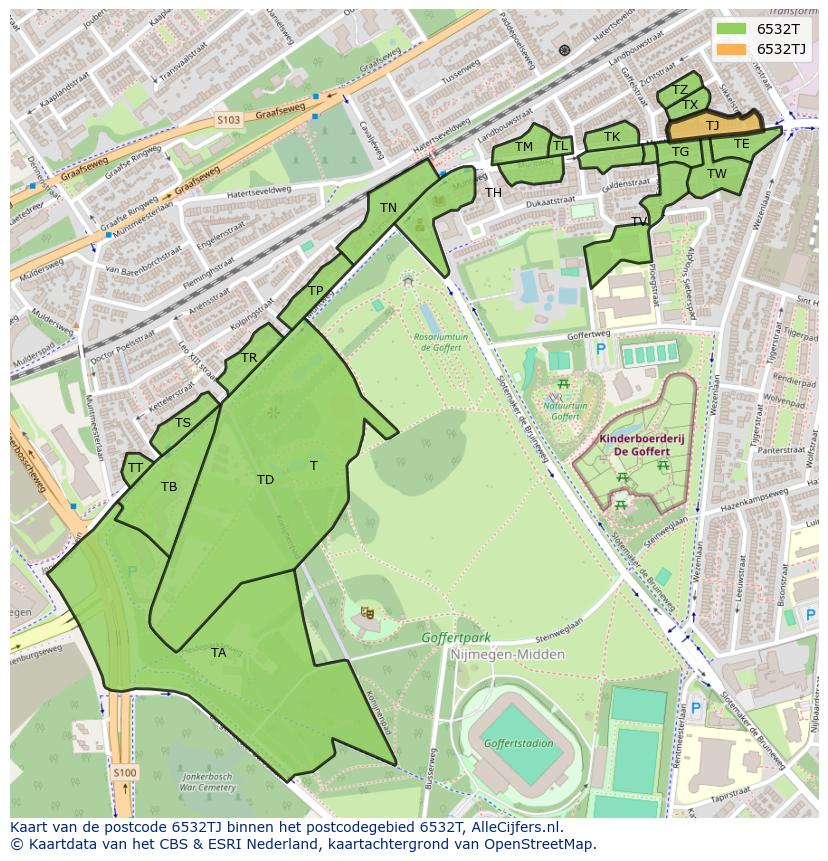 Afbeelding van het postcodegebied 6532 TJ op de kaart.