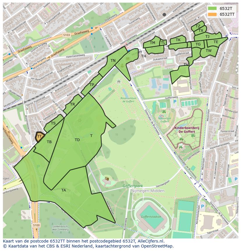 Afbeelding van het postcodegebied 6532 TT op de kaart.