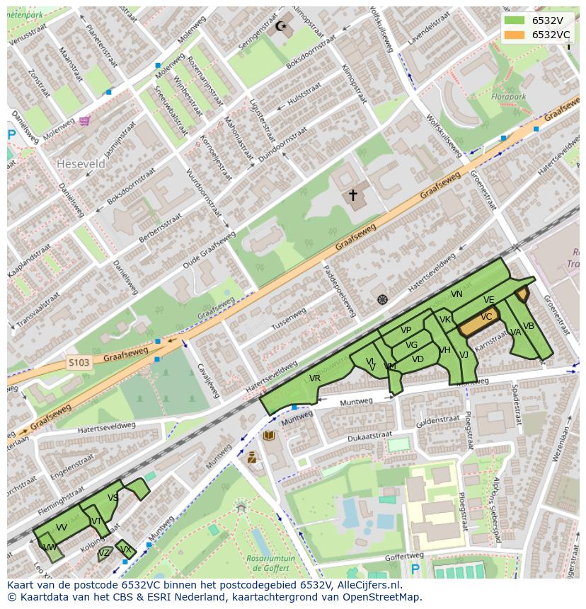 Afbeelding van het postcodegebied 6532 VC op de kaart.