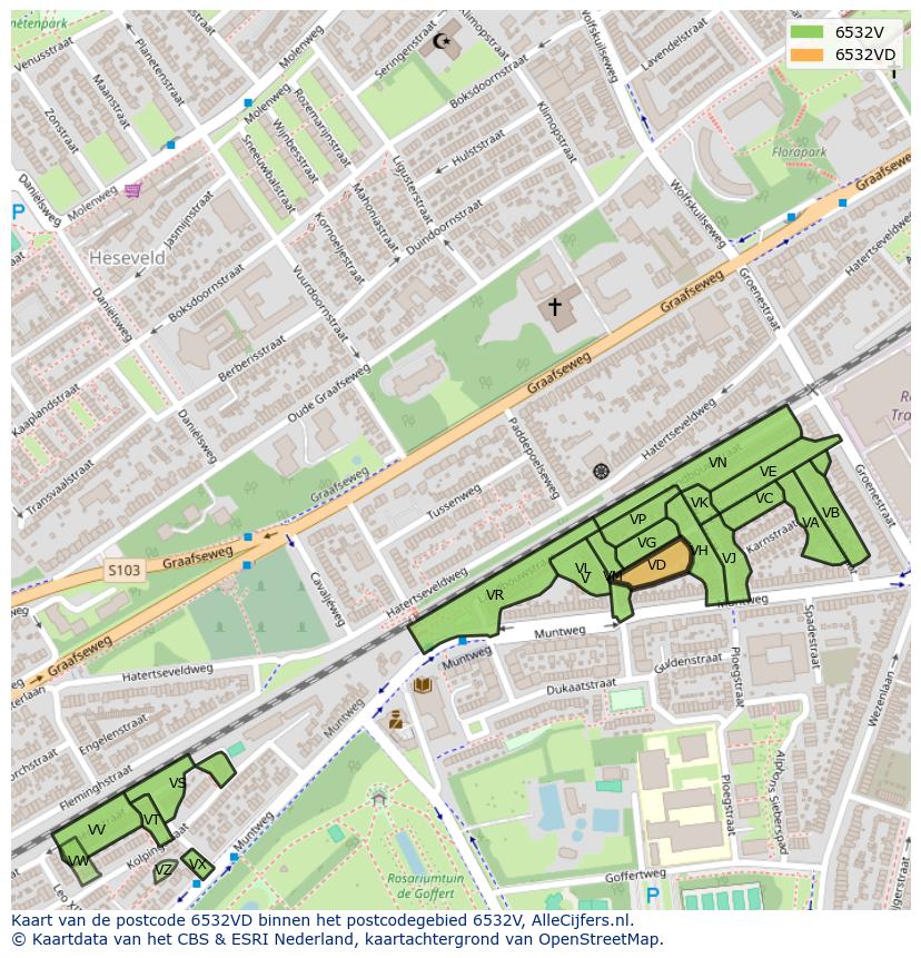Afbeelding van het postcodegebied 6532 VD op de kaart.