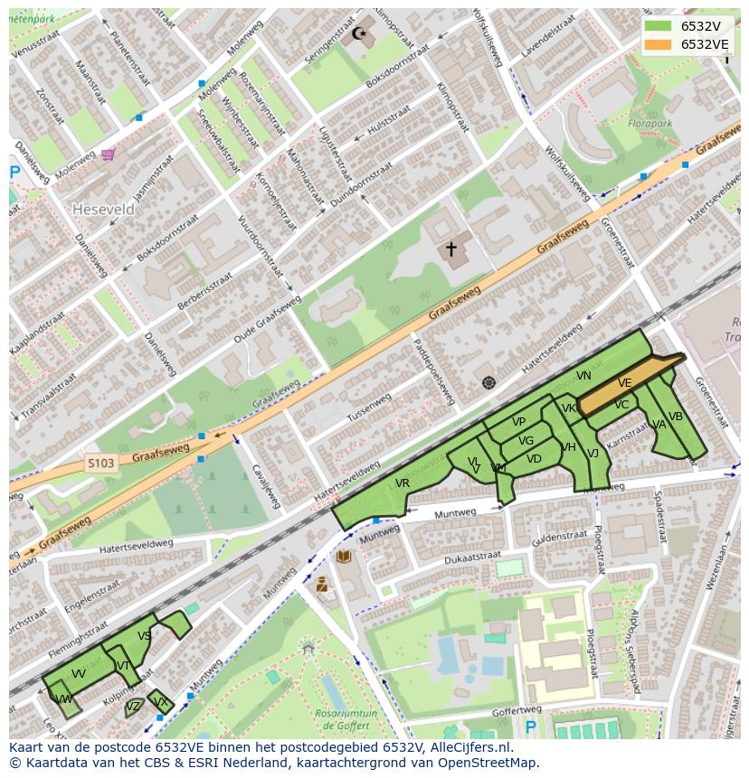 Afbeelding van het postcodegebied 6532 VE op de kaart.