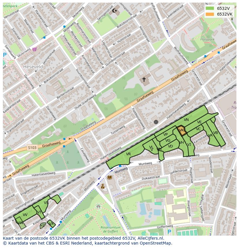 Afbeelding van het postcodegebied 6532 VK op de kaart.