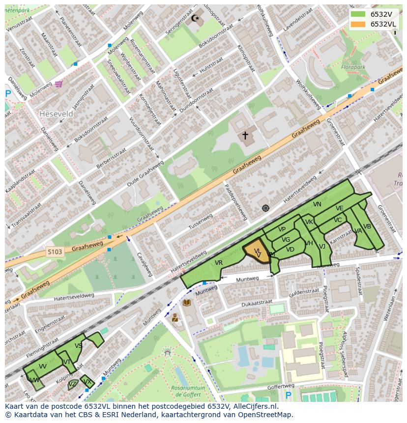 Afbeelding van het postcodegebied 6532 VL op de kaart.