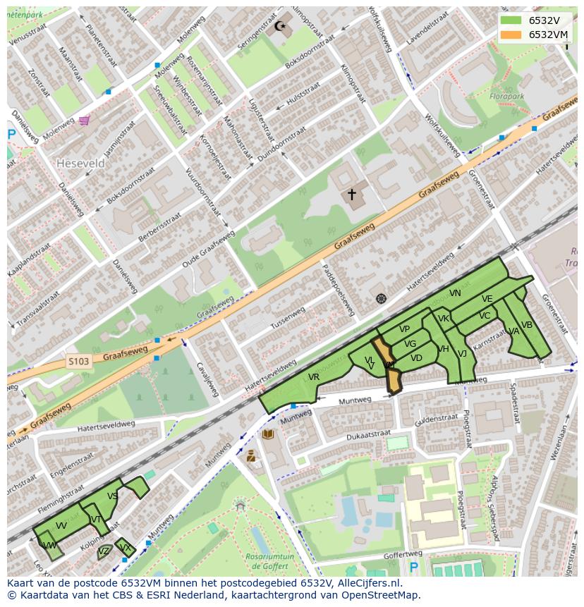 Afbeelding van het postcodegebied 6532 VM op de kaart.