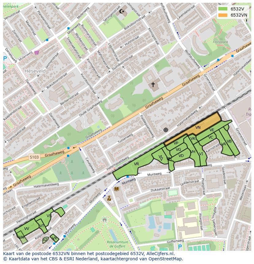 Afbeelding van het postcodegebied 6532 VN op de kaart.
