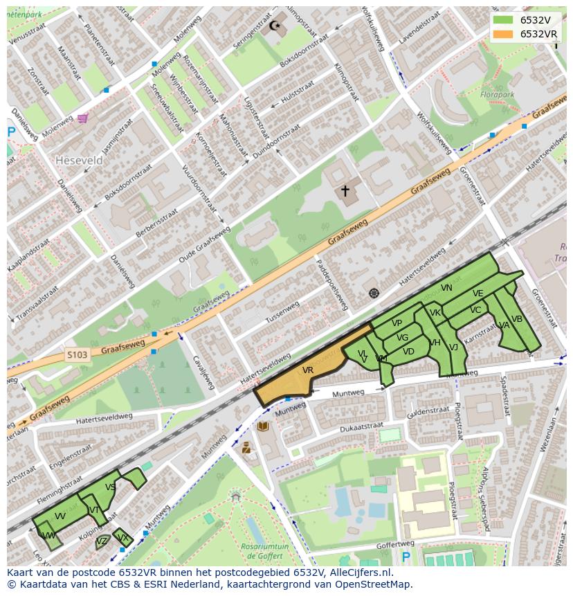Afbeelding van het postcodegebied 6532 VR op de kaart.