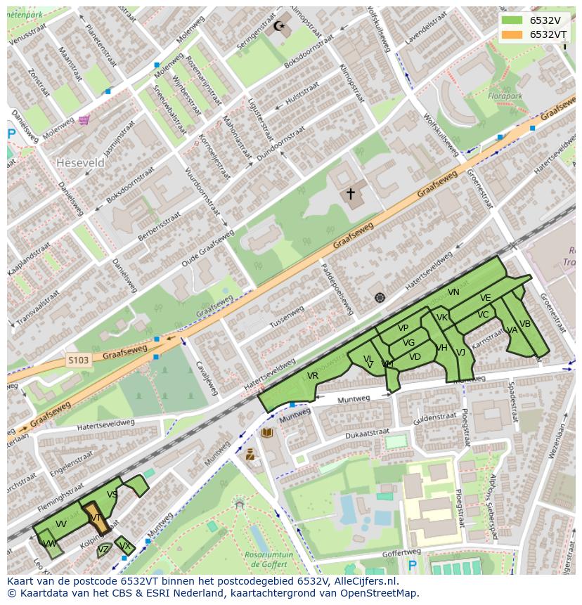 Afbeelding van het postcodegebied 6532 VT op de kaart.
