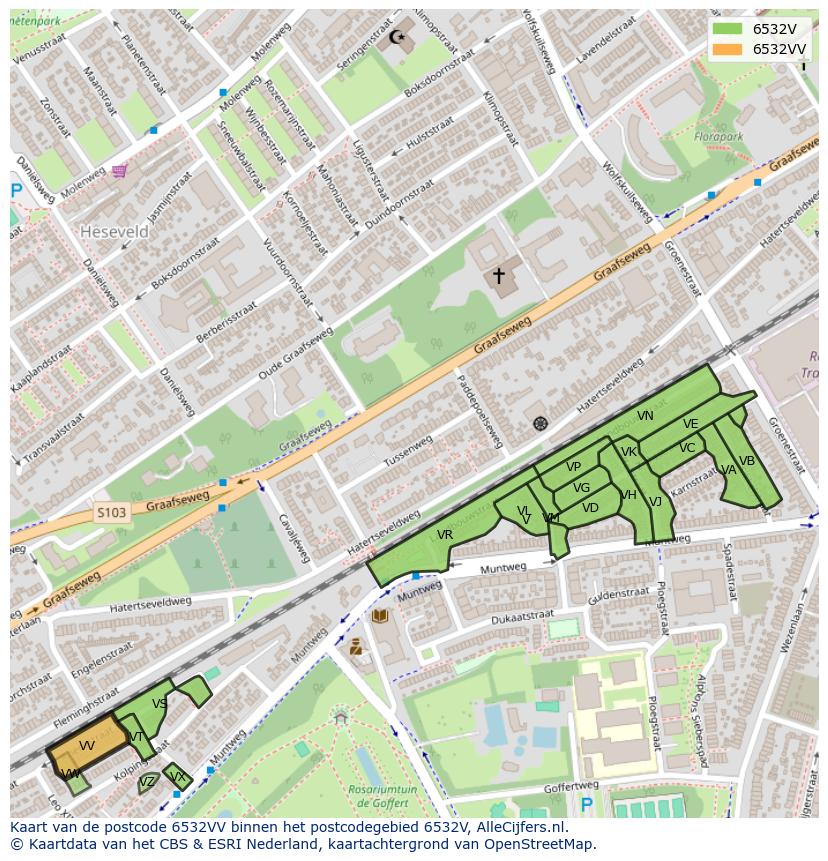 Afbeelding van het postcodegebied 6532 VV op de kaart.