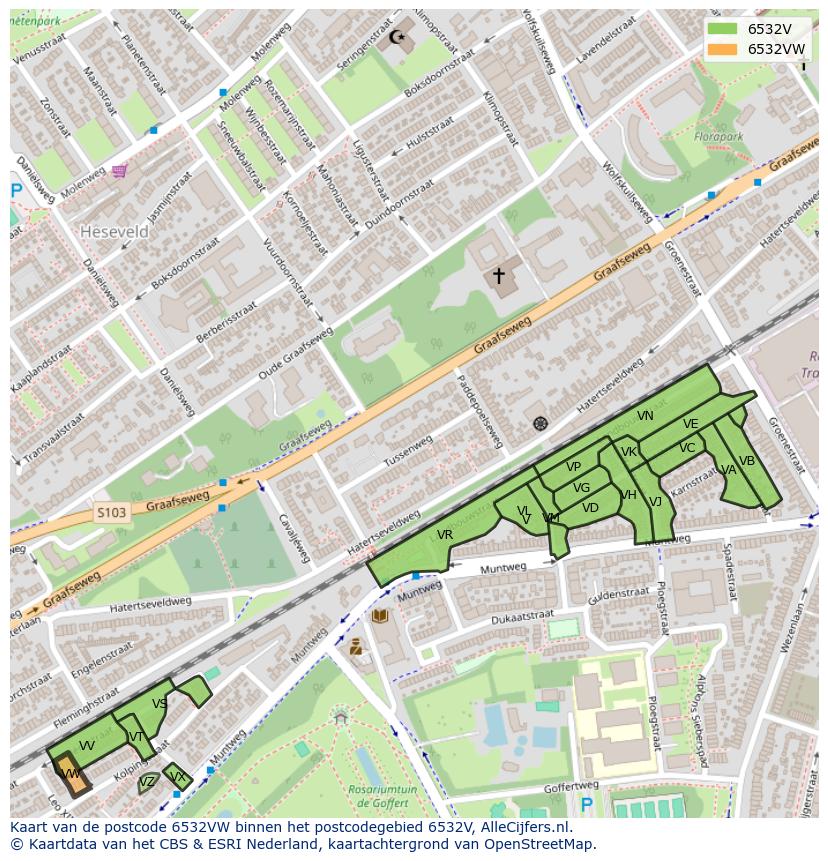 Afbeelding van het postcodegebied 6532 VW op de kaart.