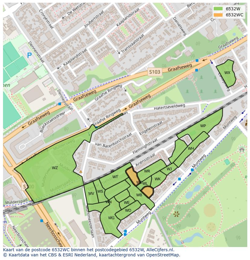 Afbeelding van het postcodegebied 6532 WC op de kaart.