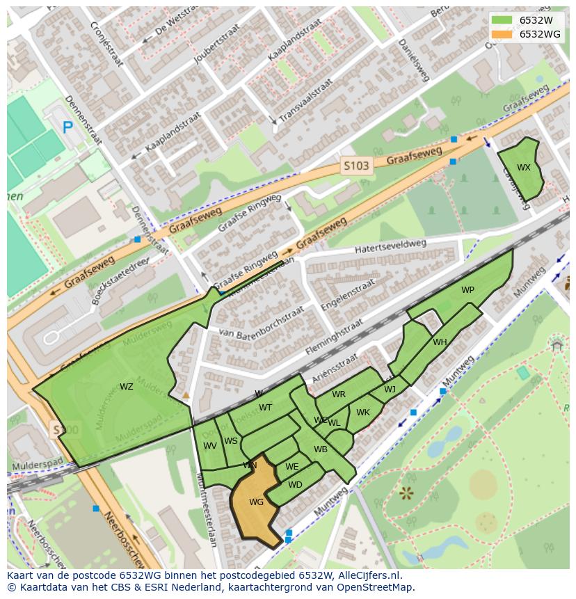 Afbeelding van het postcodegebied 6532 WG op de kaart.