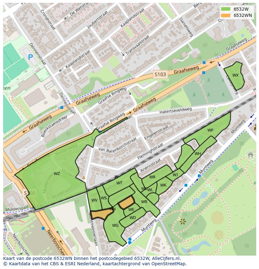 Afbeelding van het postcodegebied 6532 WN op de kaart.
