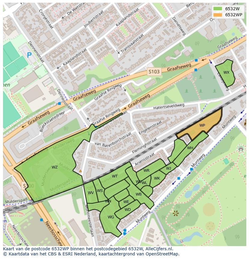 Afbeelding van het postcodegebied 6532 WP op de kaart.