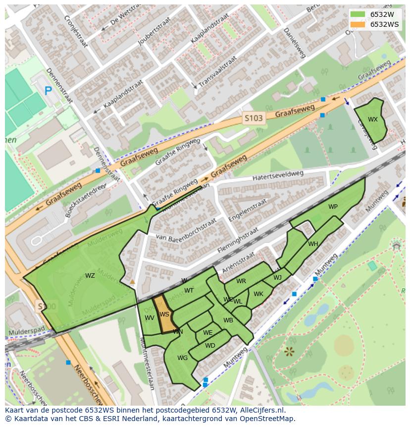 Afbeelding van het postcodegebied 6532 WS op de kaart.